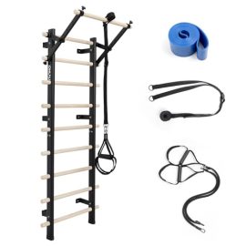 RIOWLAU Swedish Ladder, Wood Stall Bar with Suspension Trainer Straps, Pull-Up Dip Bar Attachment, 10 Strategic Rods, for Home, School, hysical Therapy and Gymnastics